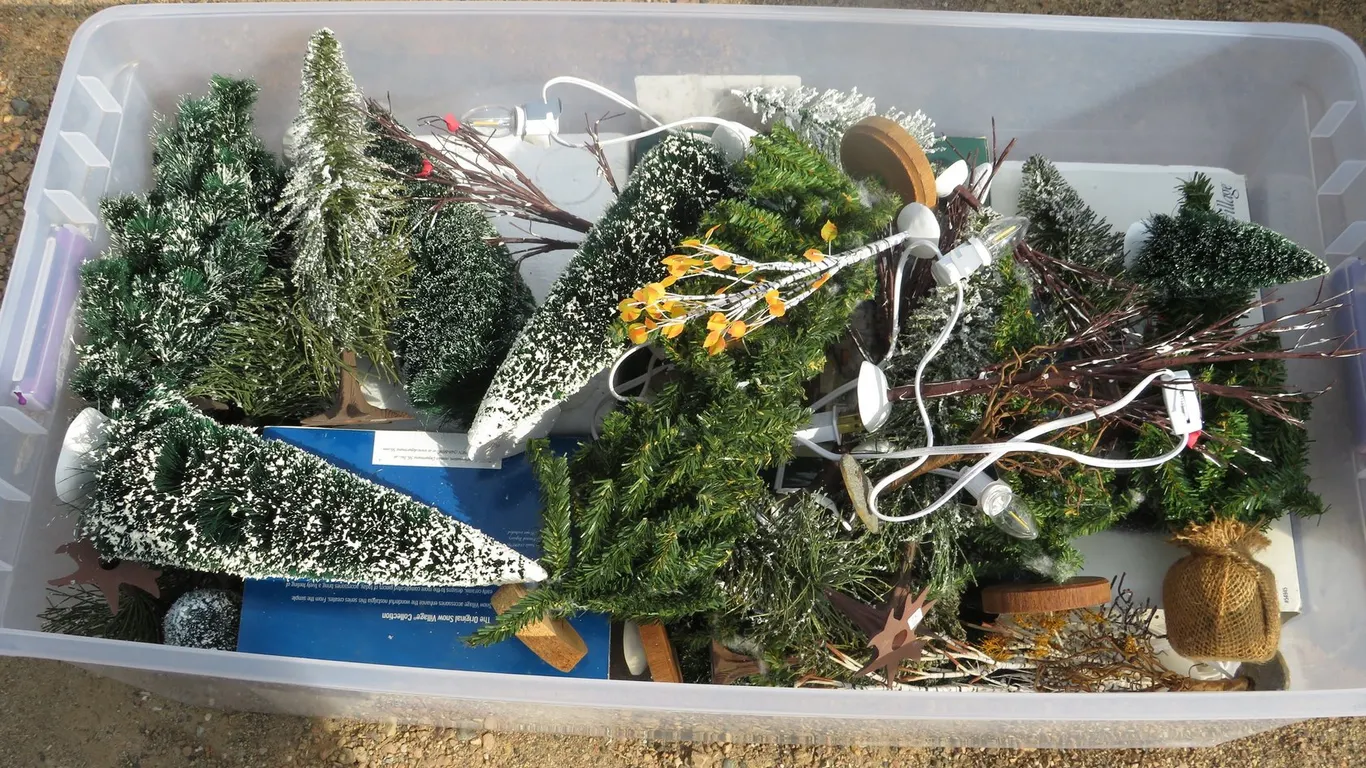 Tote of Christmas Village Decorations