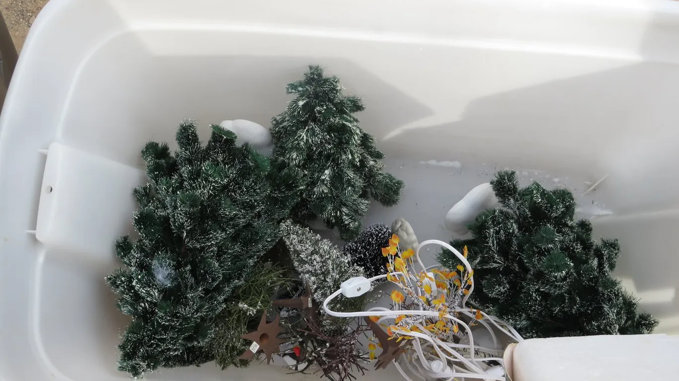 Tote of Christmas Village Decorations