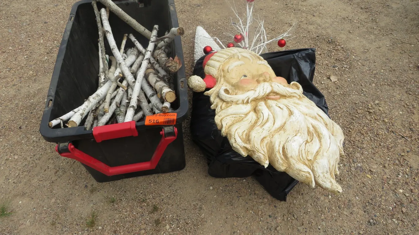 Tote of Christmas Decor, Santa Face Carving, Birchwood and More