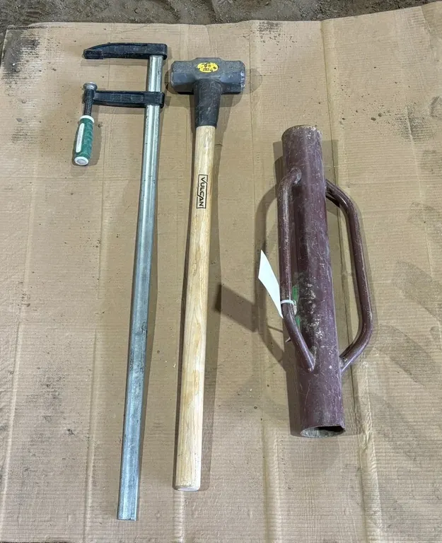 Post Pounder, Bar Clamp, and Sledgehammer