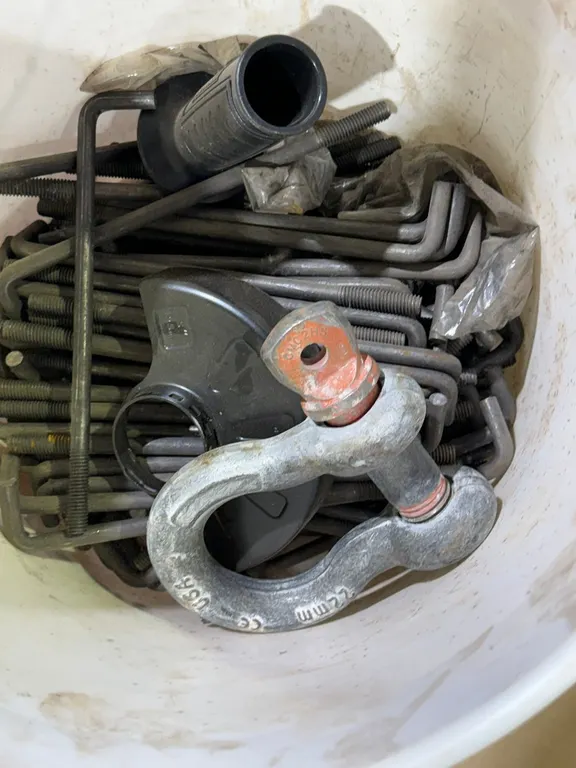 5-Gallon Bucket of Bent Threaded Rod and Shackle