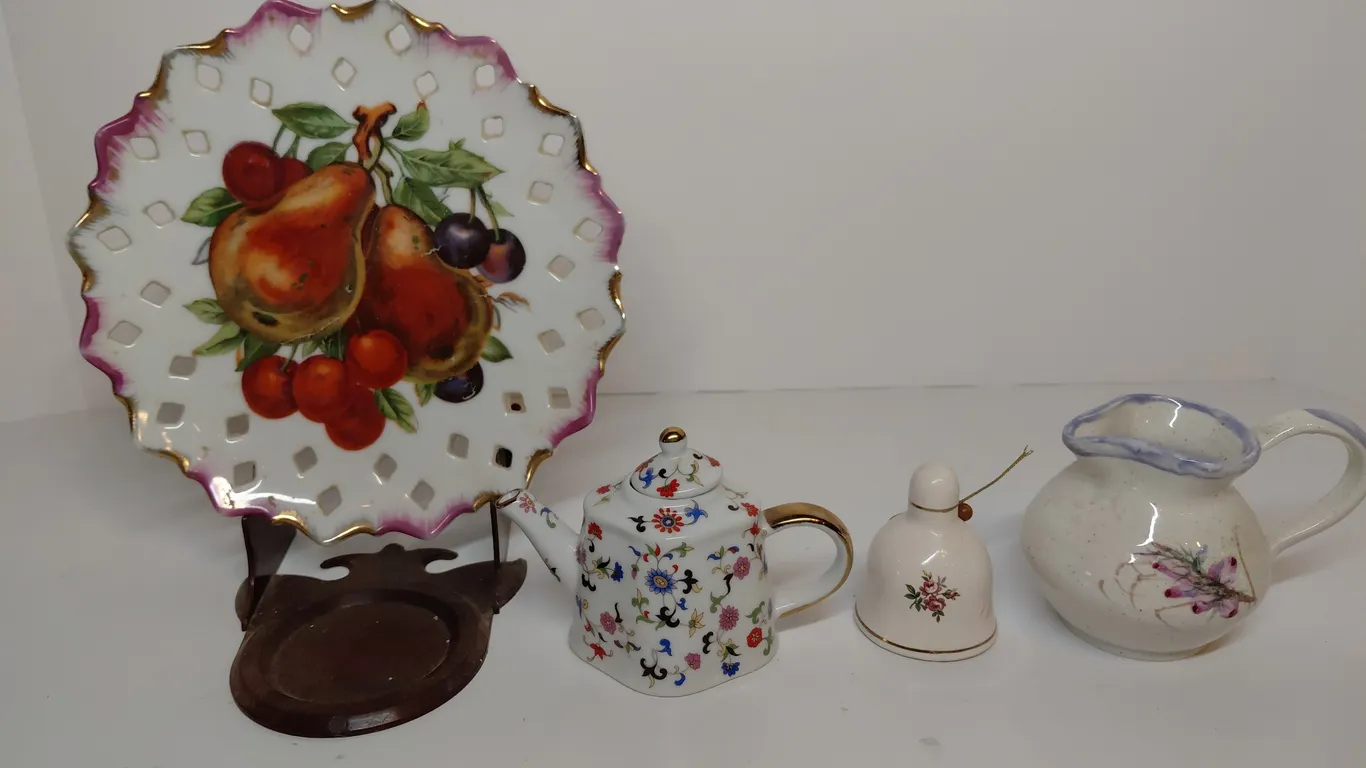 Vintage Plate, Miniature Teapot, Bell, And Creamer