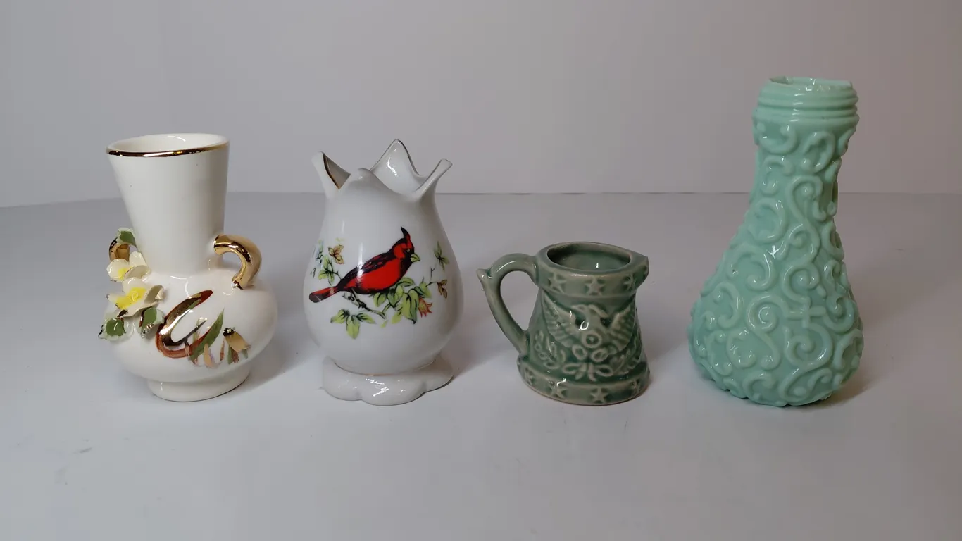 Vintage Ceramic Vases, Creamer, And Salt Shaker