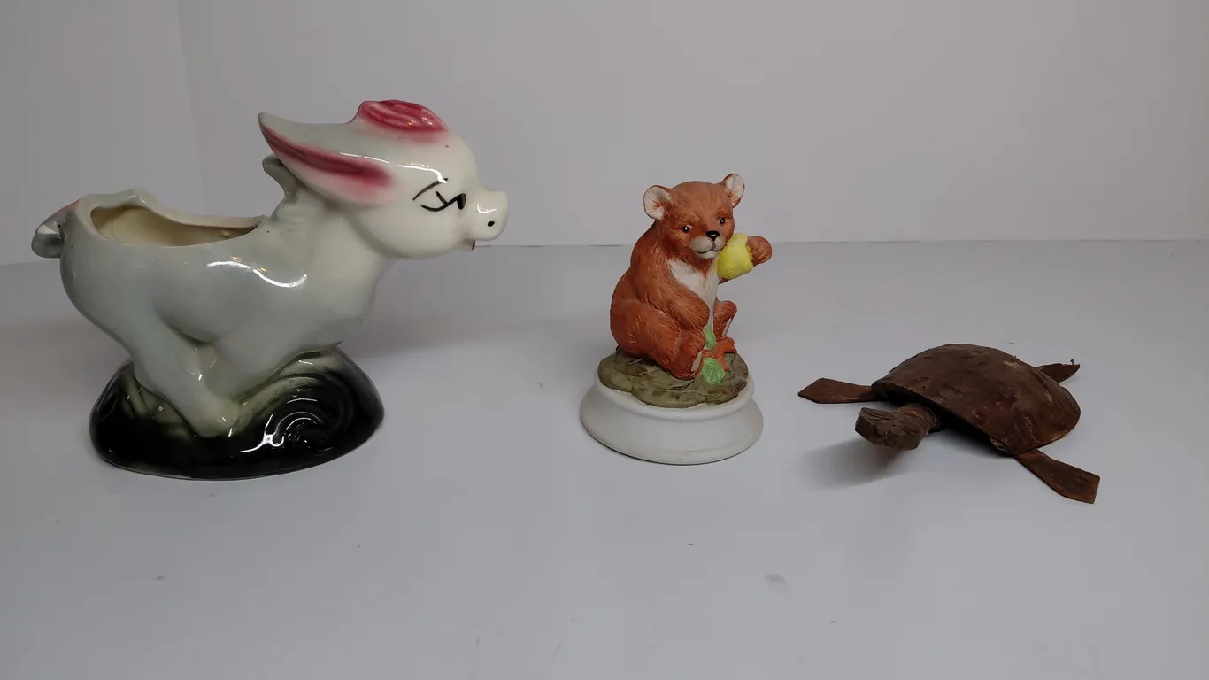 Vintage Donkey Planter, Music Box Ceramic Bear, & Bobblehead Wood Turtle