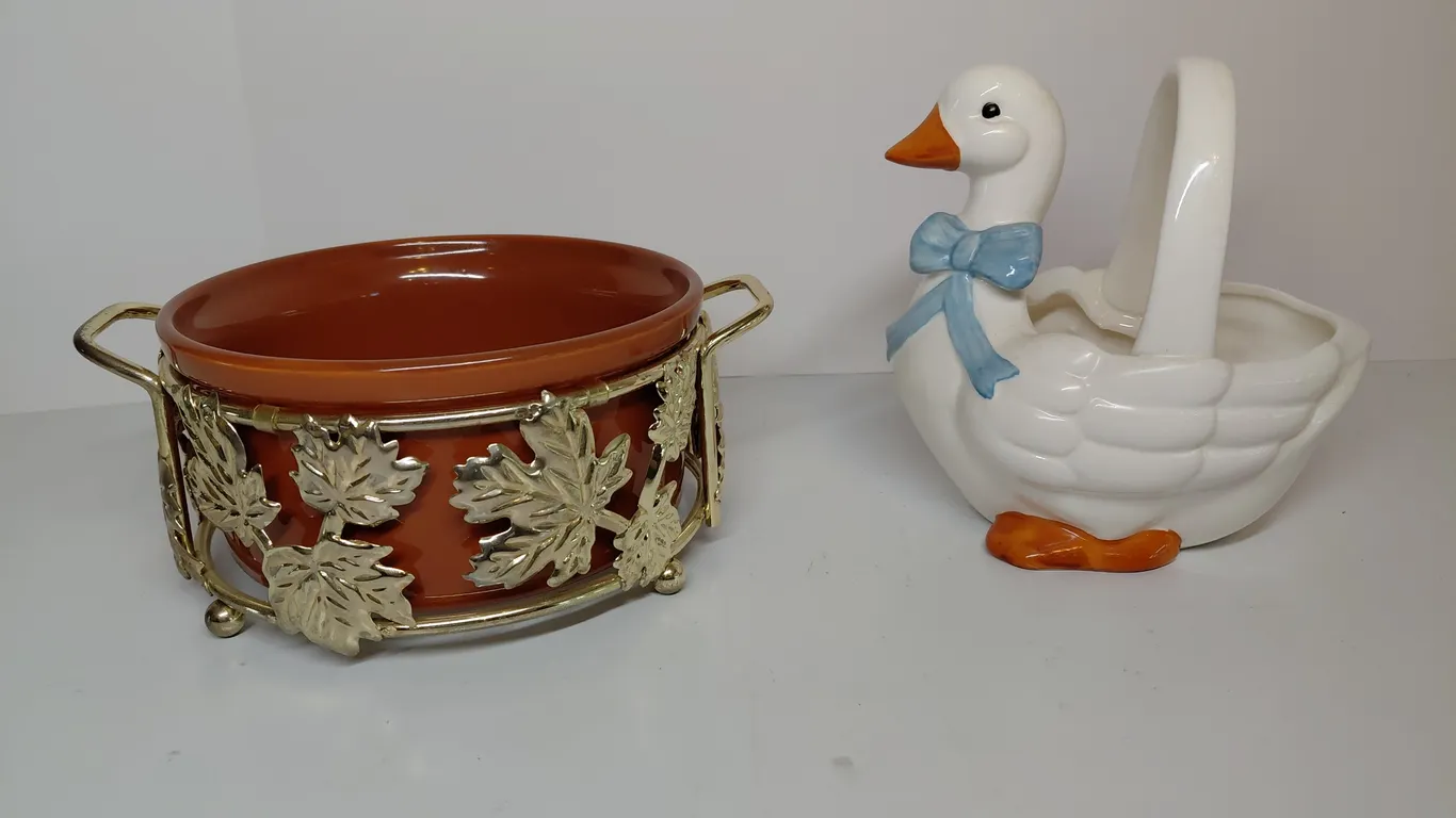 Vintage Ceramic Bowl In Brass Holder, And Ceramic Goose Basket