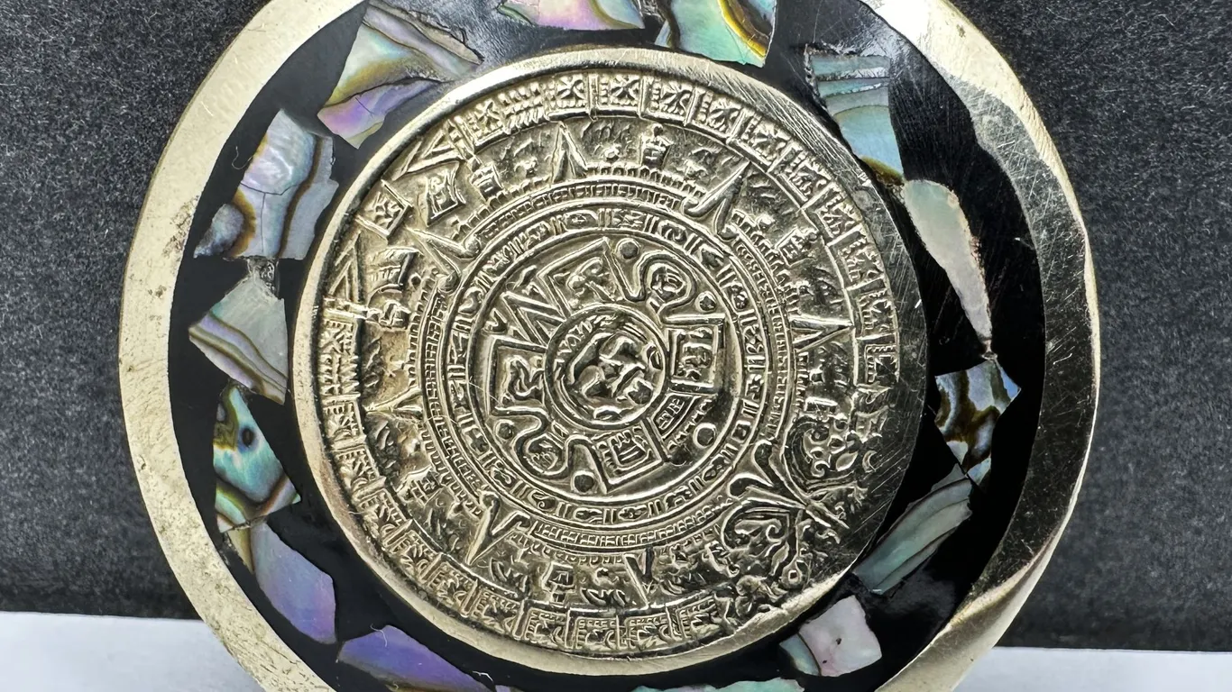 Al Paca Mexican Silver Abalone Inlay Aztec Calendar Medallion Pendant Brooch