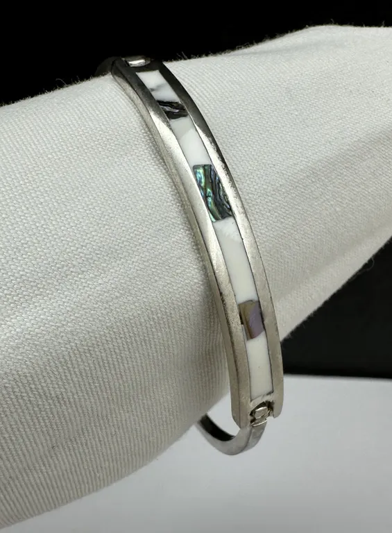 Mexico Sterling Silver 925 MOP & Abalone Inlay Bangle Bracelet