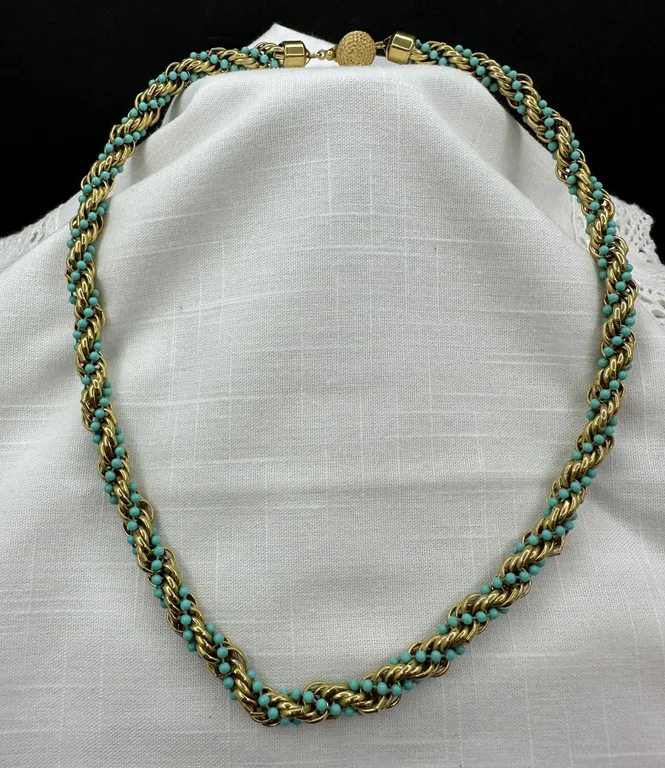 Avon Gold Tone Blue Bead Twist Woven Rope Necklace