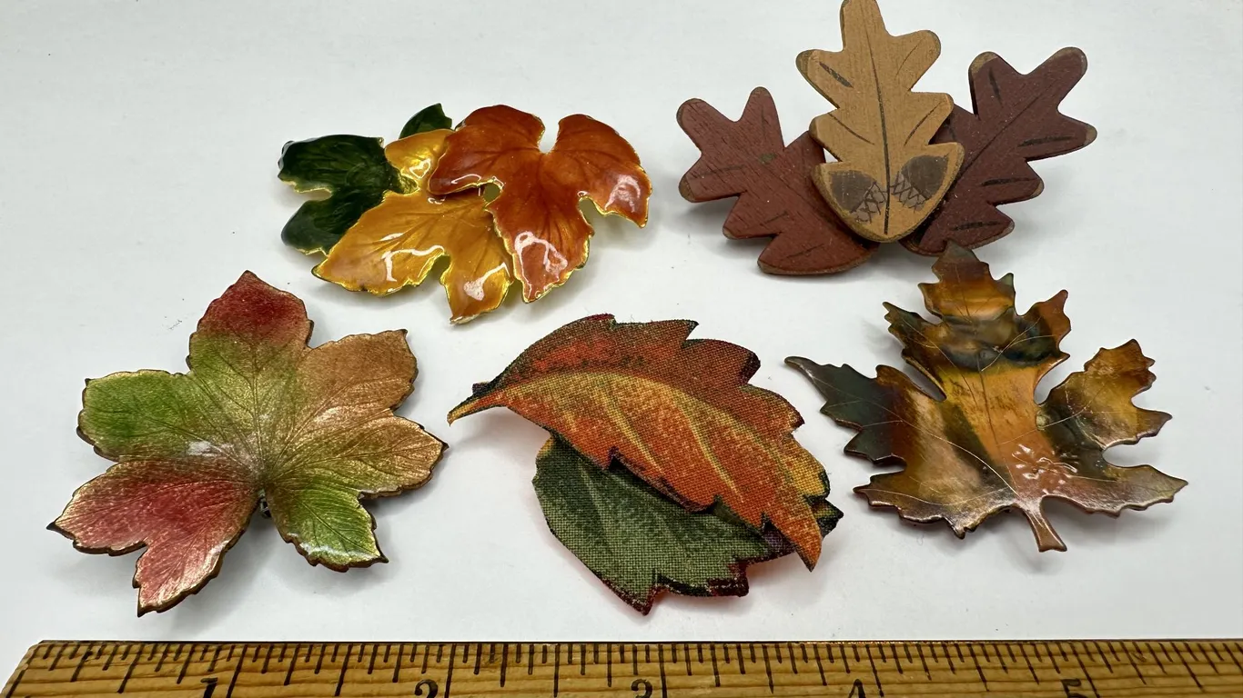 Fall Colors Leaf Enamel Wood Copper & Metal Brooch Costume Pins