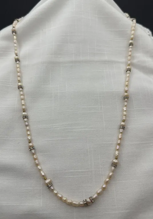 Blush Pink Seed Pearl Bead & Rhinestone Spacer 30" Necklace