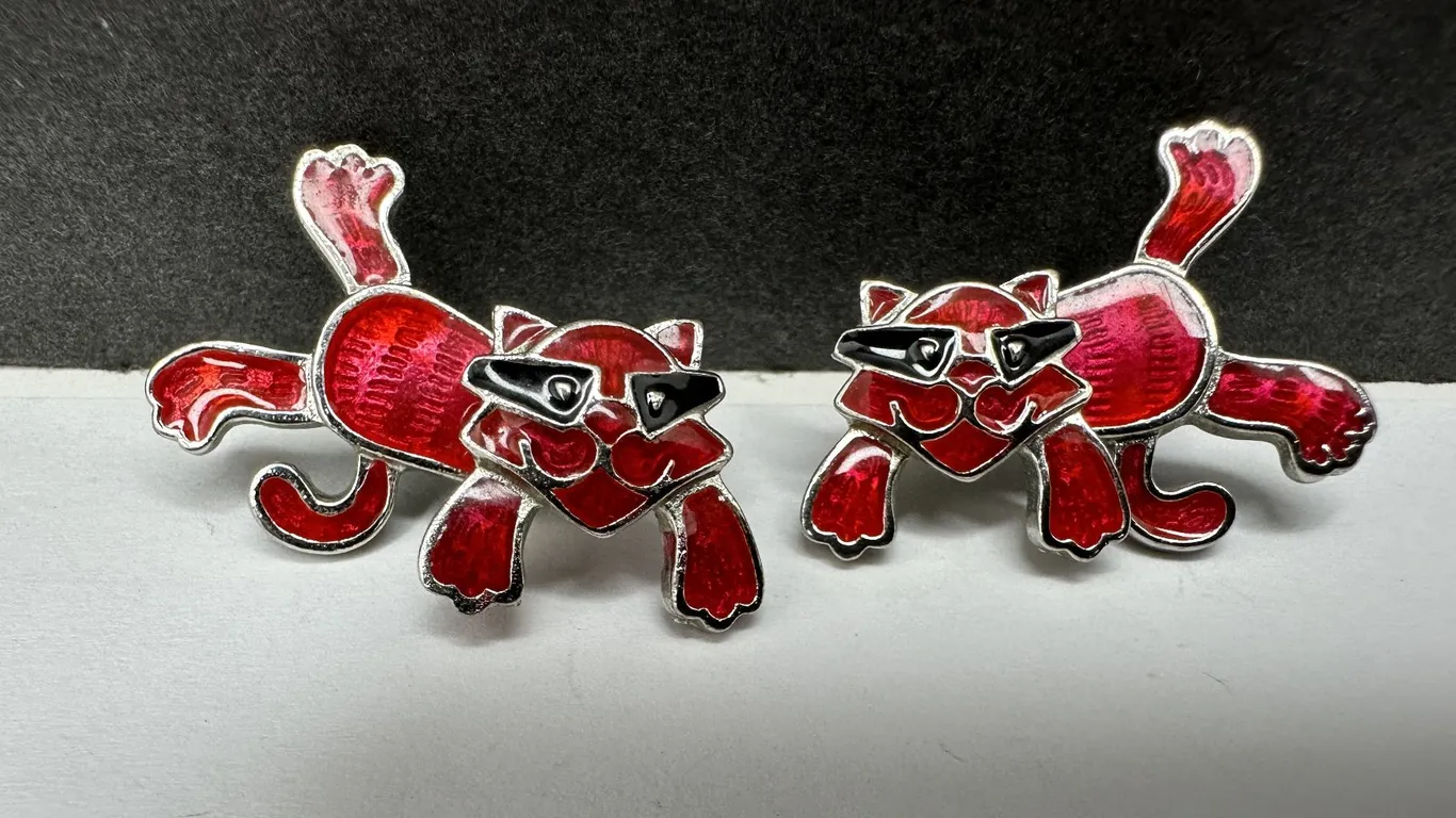 Edgar Berebi 2 Pc 3-D Enamel Masked Red Cat Earrings