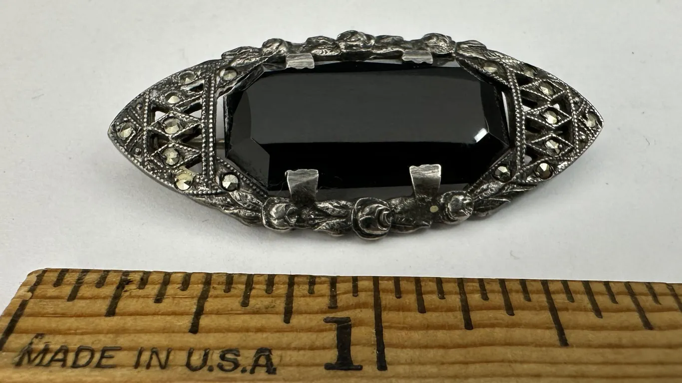 Victorian Onyx & Marcasite Sterling Silver Brooch Pin
