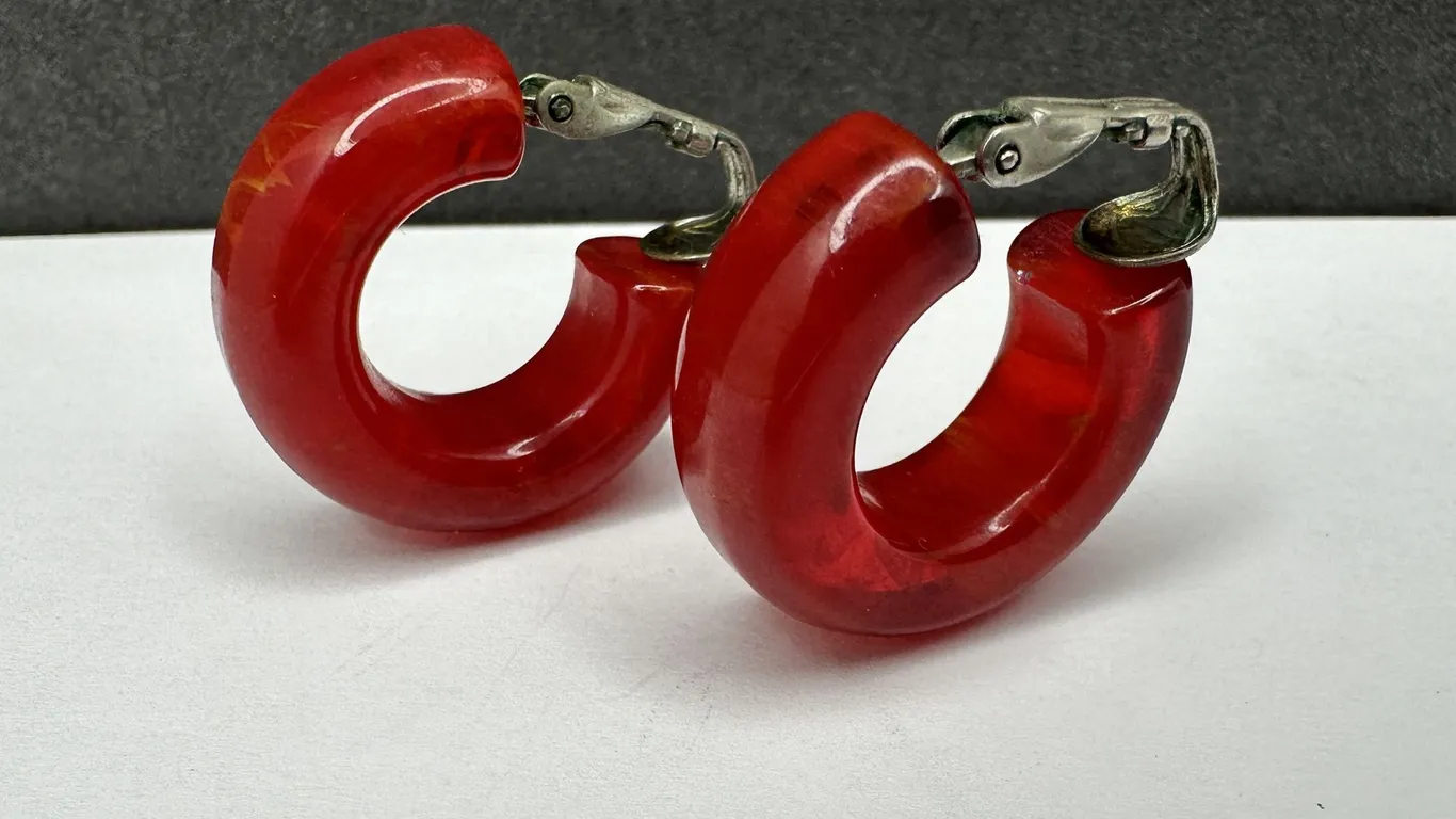 Mid Century Red Bakelite (Tested) Hoop Clip Earrings