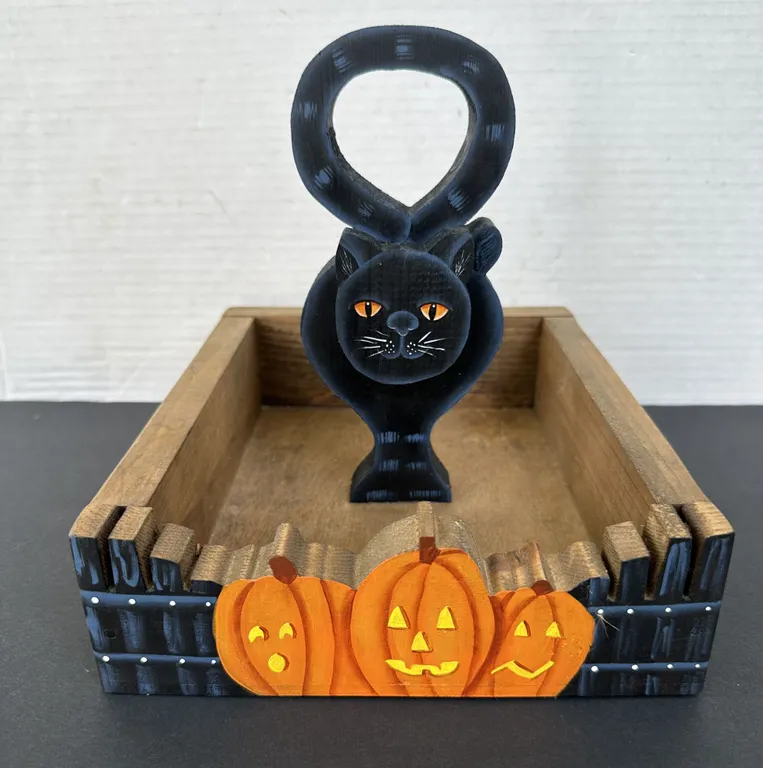 Handcrafted Wood Black Cat Pumpkin Halloween Candy What Not Caddy