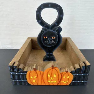 Handcrafted Wood Black Cat Pumpkin Halloween Candy What Not Caddy