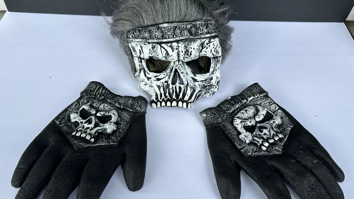 Vintage Latex Half Skull Head Costume Mask & Matching Gloves