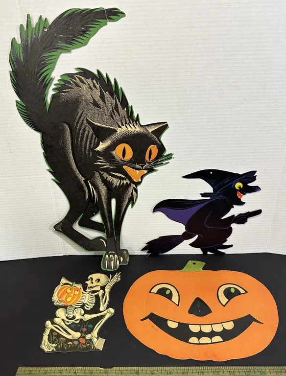 Vtg Halloween Cardboard Diecut Die Cut Beistle Black Cat Jack-O-Lantern Skeleton