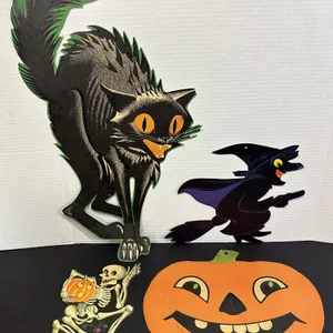 Vtg Halloween Cardboard Diecut Die Cut Beistle Black Cat Jack-O-Lantern Skeleton
