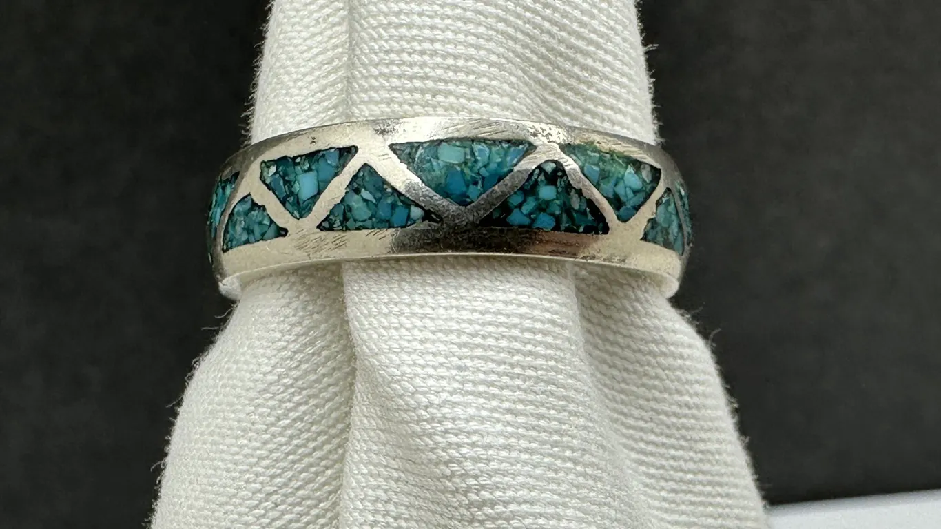 Native American Sterling Silver Wedding Band Ring Turquoise Chip Inlay Sz 11.5