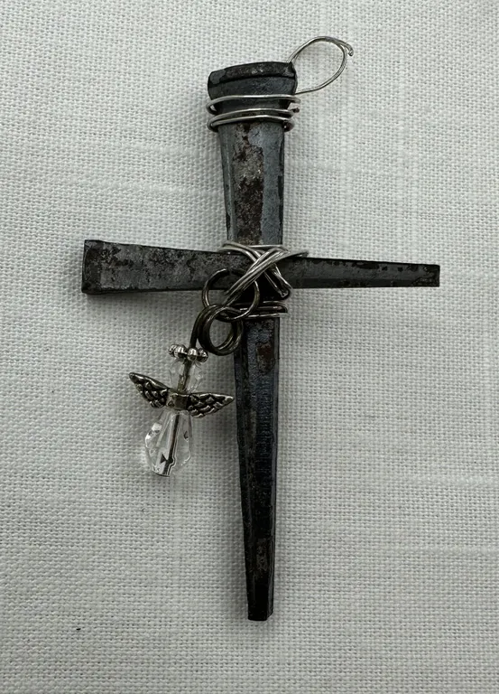 Artisan Square Head Nail Crucifix Cross Pendant Crystal Angel Accent