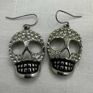 Halloween Rhinestone Skeleton Head Dangling Pierced Earrings