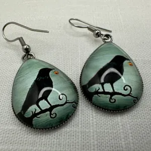 Halloween Black Crow Raven Tierdrop 3-D Pierced Earrings