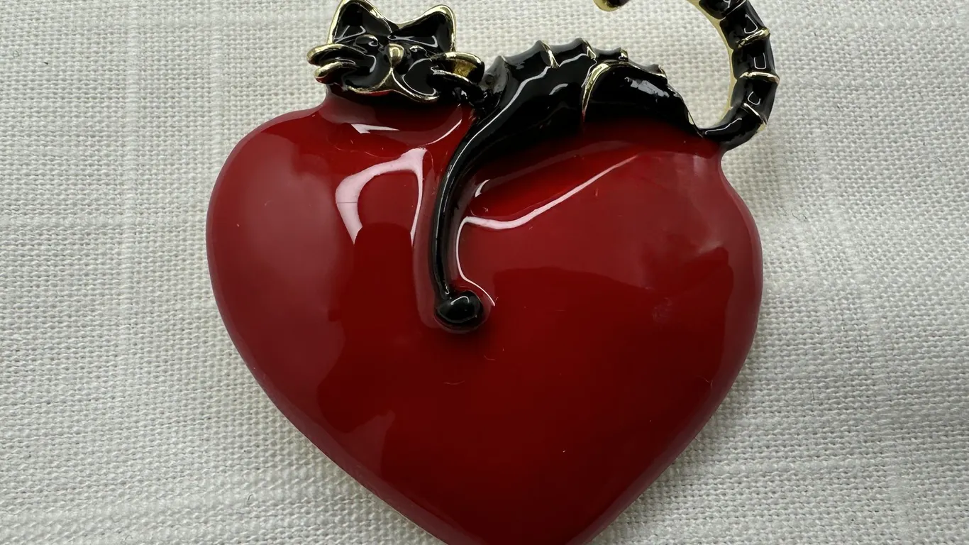 Enamel Black Cat on Red Heart Pendant Brooch Pin