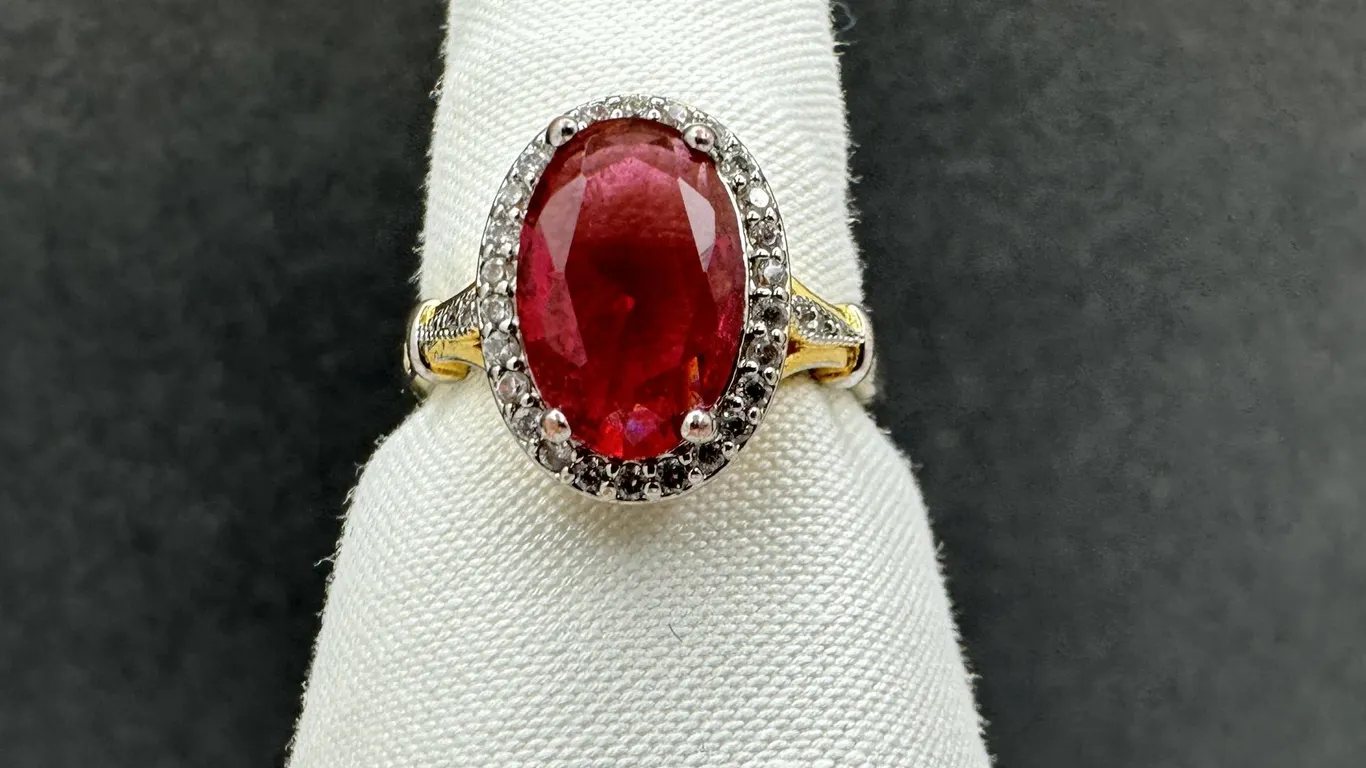 Beatrice Cocktail Red Zircon CZ Halo Gold & Silver Tone Ring Sz 8