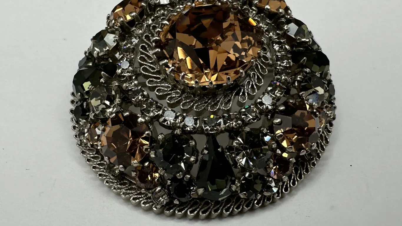 Antique Austria Domed Amber Smoke Crystal Rhinestone Filigree Wire Pin Brooch