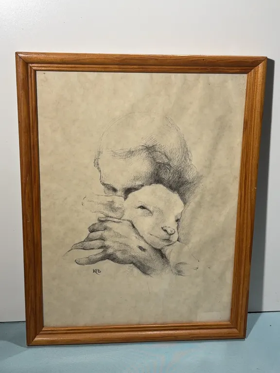 Signed Pencil Etching Person Holding Lamb
