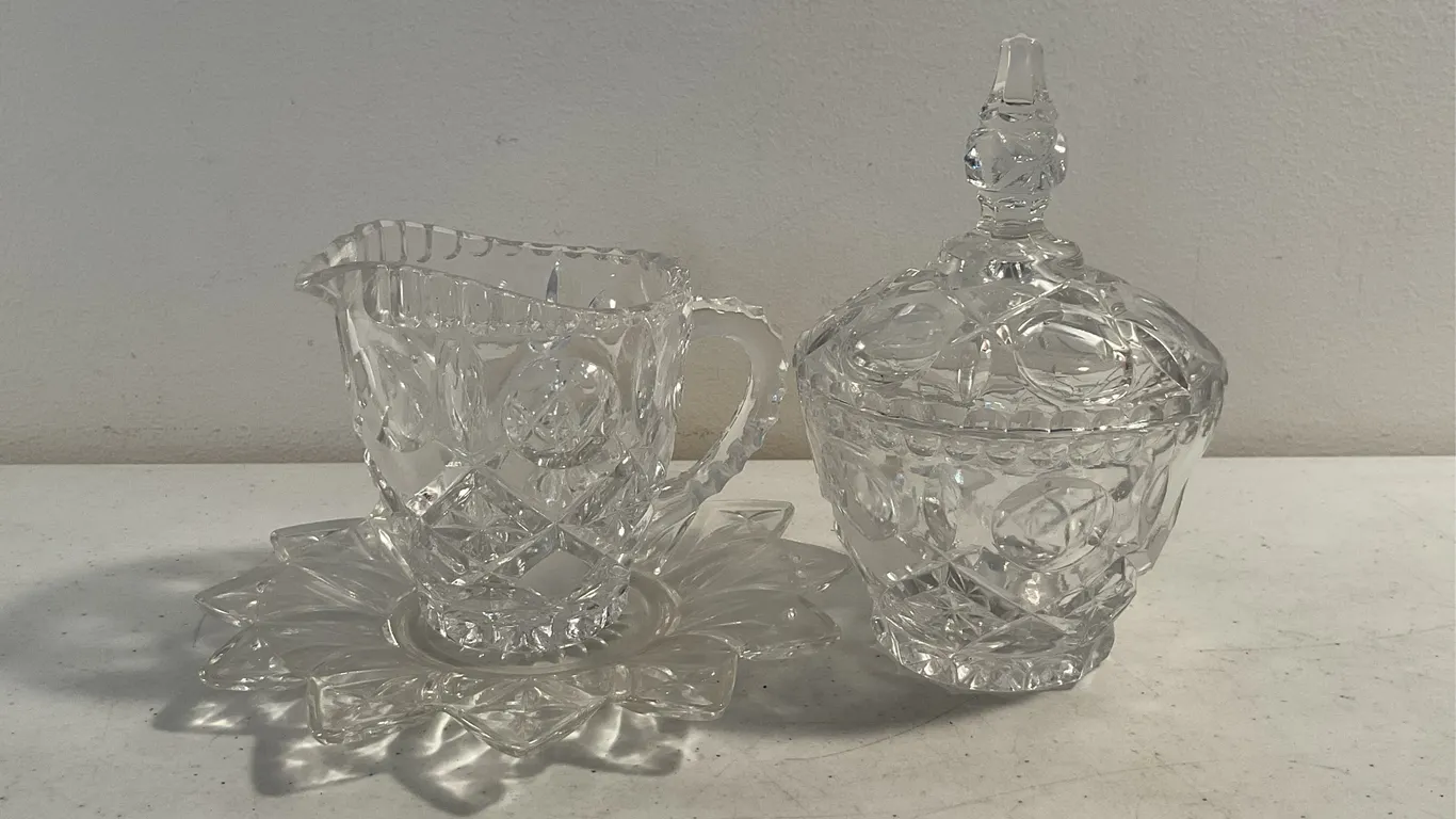 Vintage Federal Glass Windsor Creamer & Covered Sugar with Petal Plate