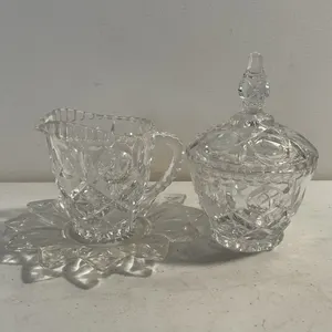 Vintage Federal Glass Windsor Creamer & Covered Sugar with Petal Plate