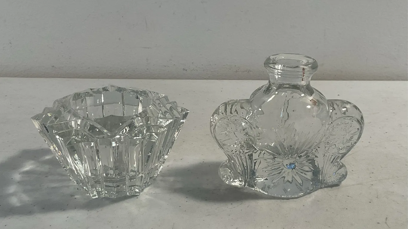 Vintage Clear Pressed Glass Candle Holder & Floral Bud Vase