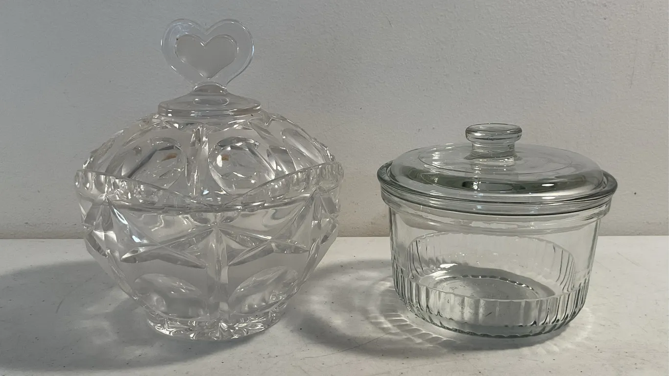 West German Lead Crystal Covered Candy Dish & Clear Glass Covered Dish