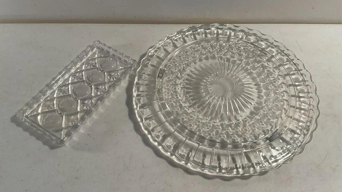 Vintage Clear Pressed Glass Serving Plates & Relish Dish