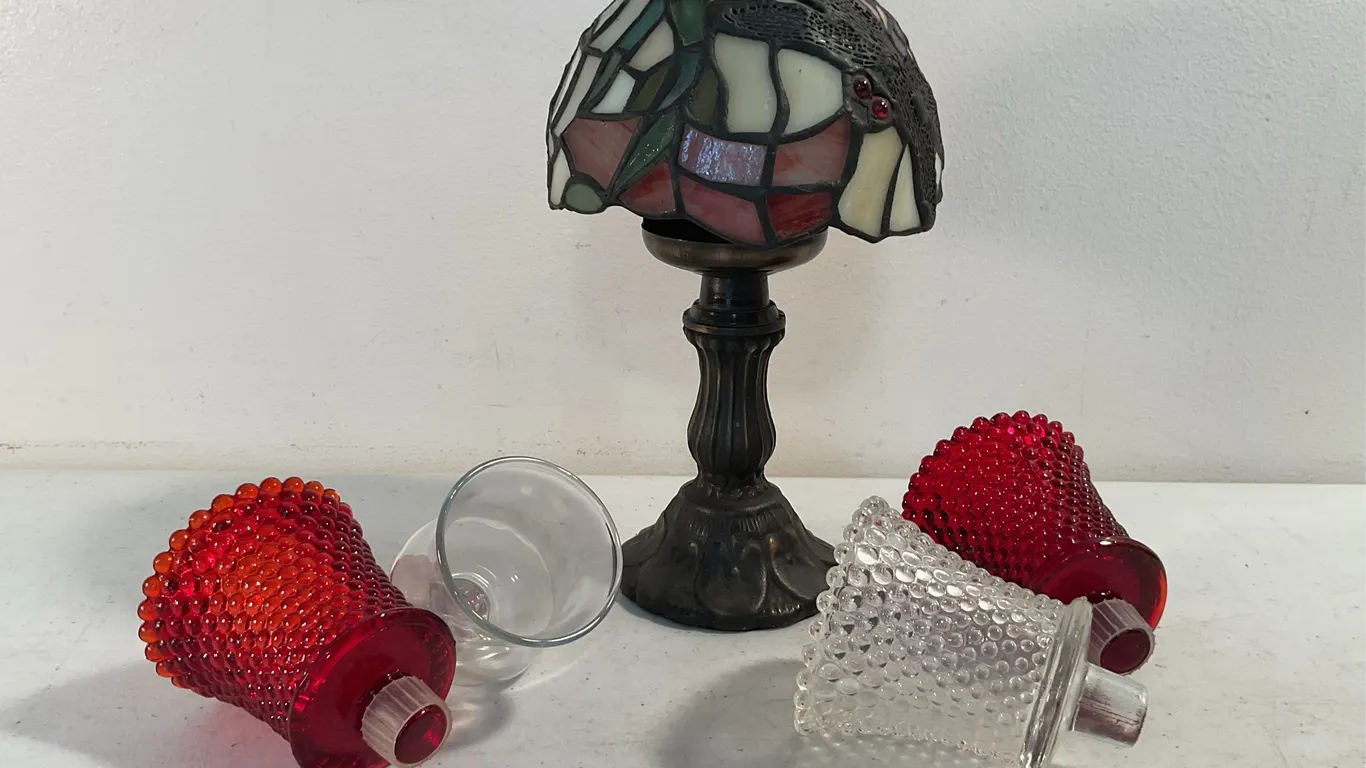 Stained Glass Dragonfly Candle Holder & Hobnail Glass Candle Holders