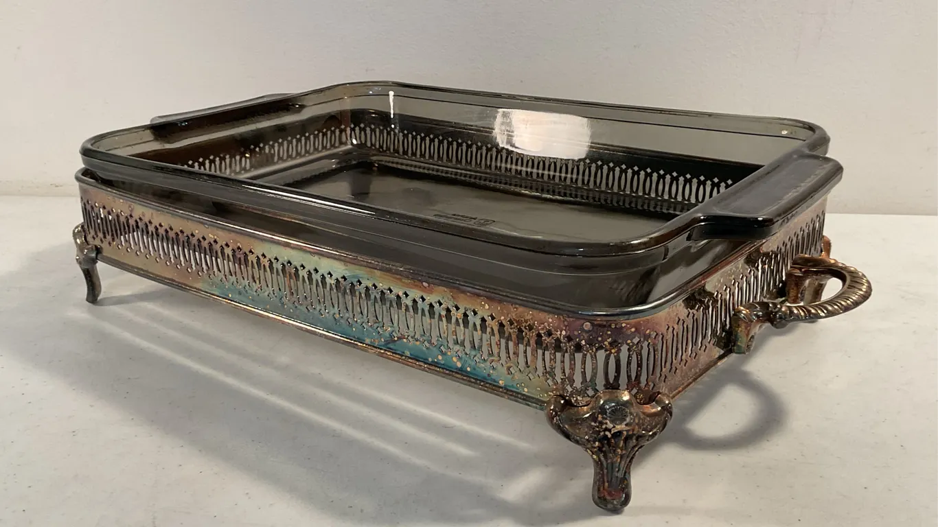 Vintage Silver-Tone Serving Caddy with Anchor Hocking Baking Dish