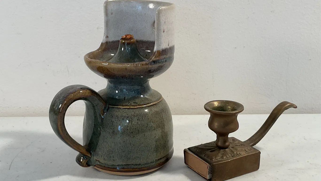 Studio Pottery Oil Lamp & Vintage Brass Matchbox Candle Holder