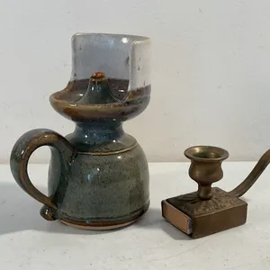 Studio Pottery Oil Lamp & Vintage Brass Matchbox Candle Holder
