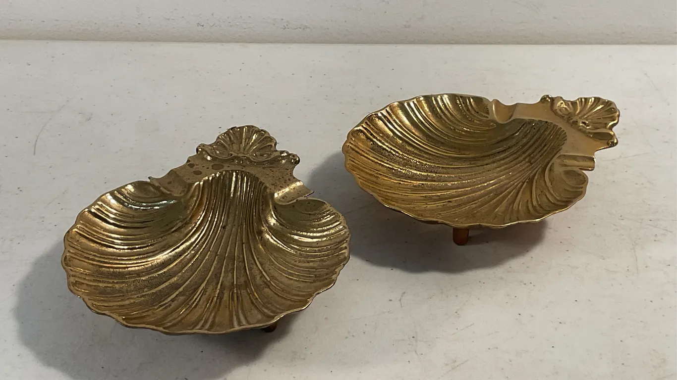 Pair of Vintage Brass Scallop Shell Footed Dishes