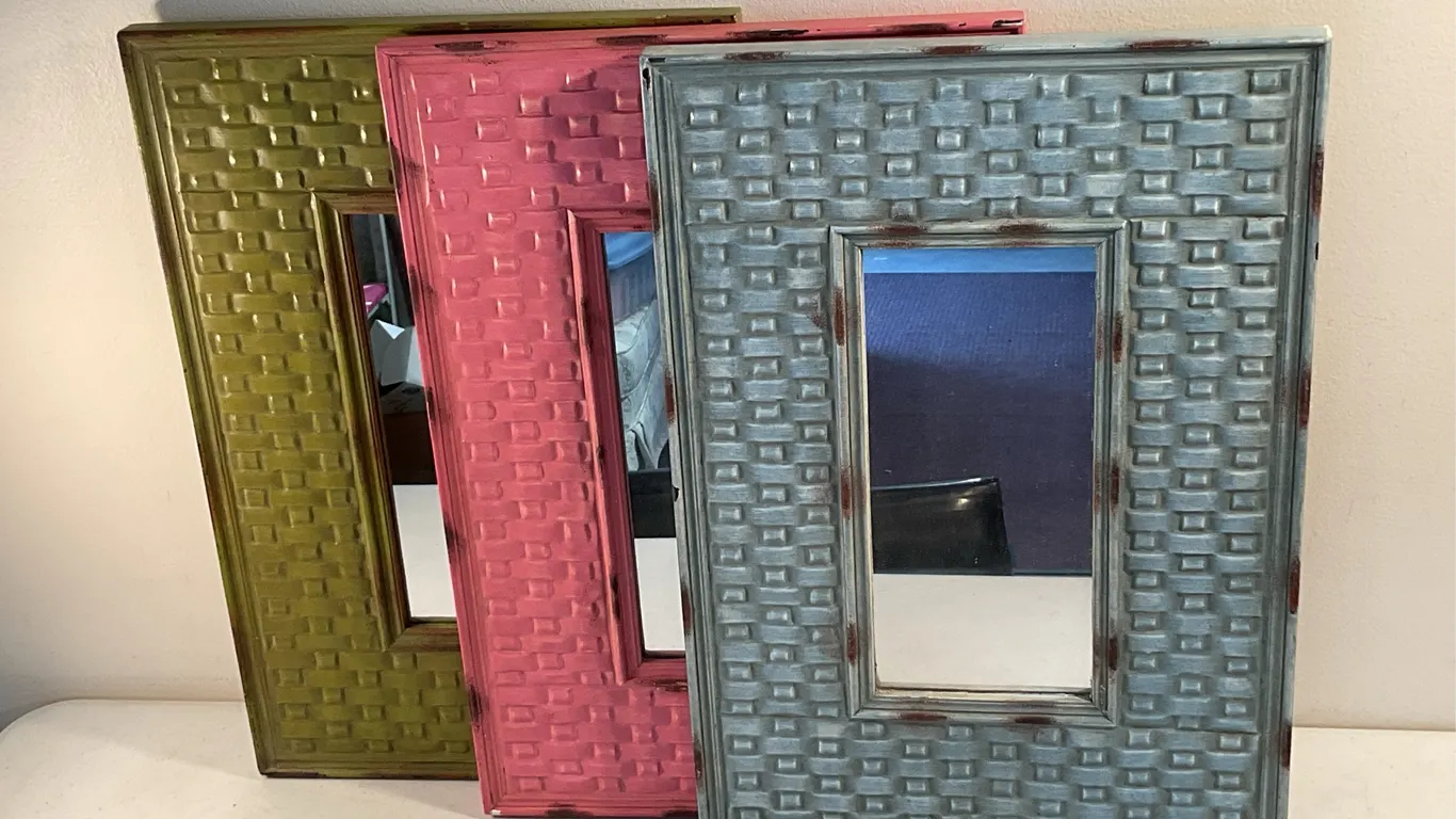 Set of 3 Decorative Woven-Texture Wall Mirrors – Blue, Pink & Green