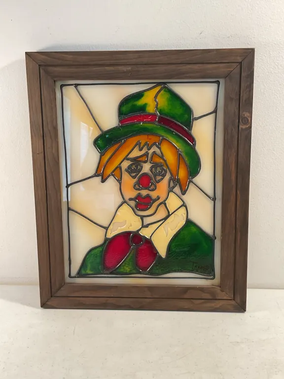 Framed Stained Glass Clown Art