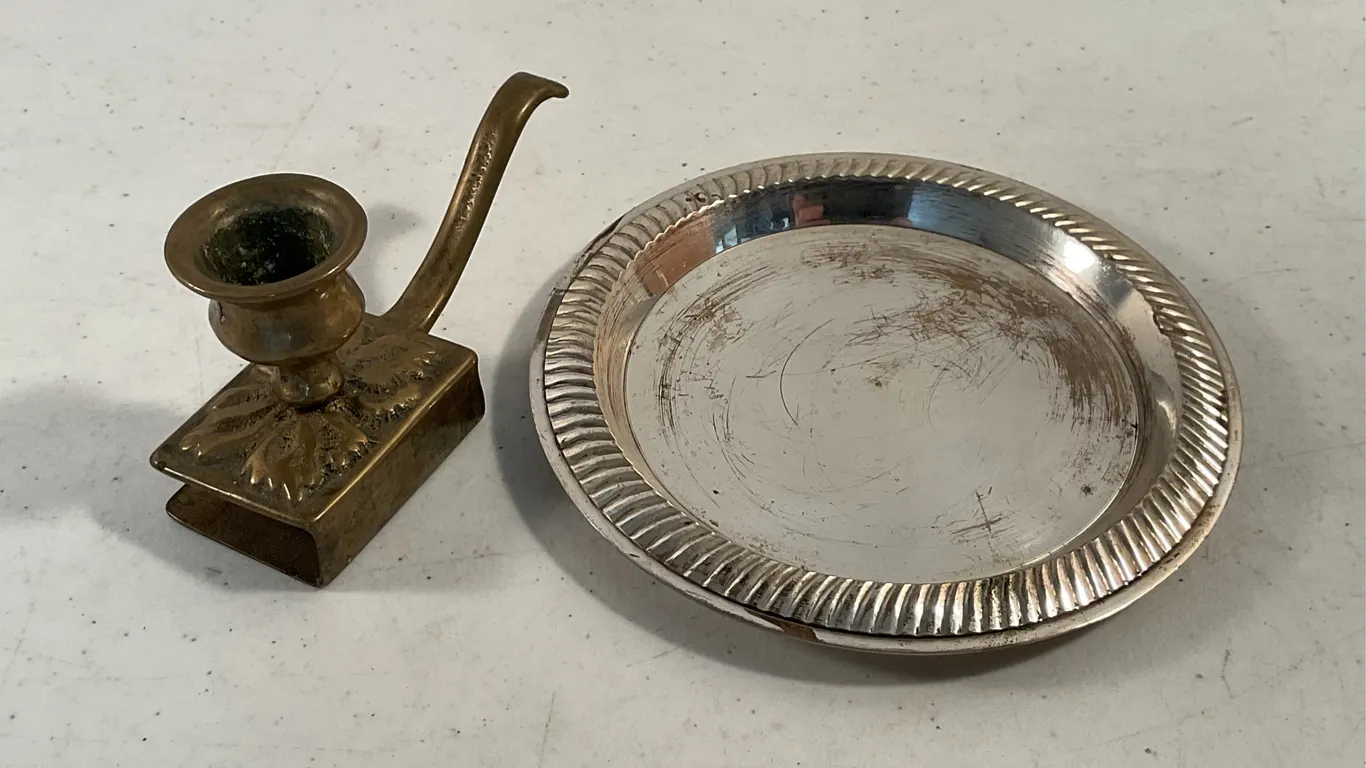 Vintage Brass Chamberstick Candle Holder & Silver-Tone Tray