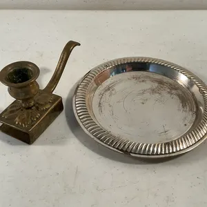 Vintage Brass Chamberstick Candle Holder & Silver-Tone Tray
