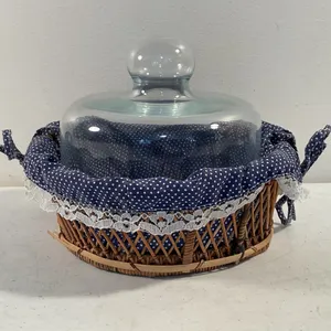 Wicker Serving Basket with Glass Dome & Fabric Liner