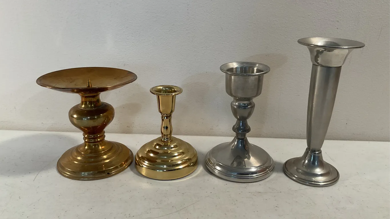 Vintage Brass, Pewter & Silver-Tone Candle Holders / Vase – 4 Pieces