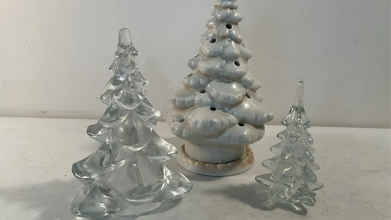 Hand-Blown Glass Christmas Trees & Ceramic Votive Tree – 3 Pieces