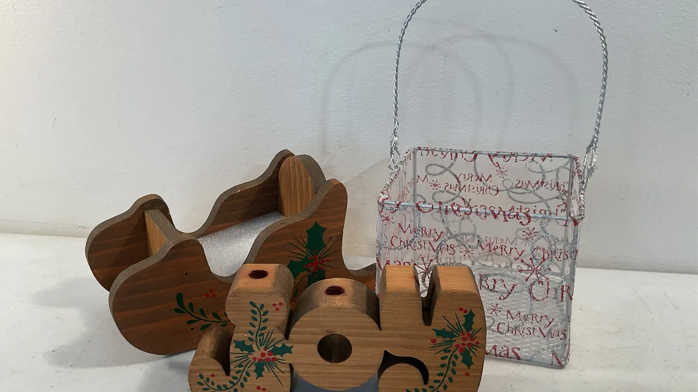 Vintage Wooden Christmas Sleigh, Candle Holder & Wire Holiday Basket