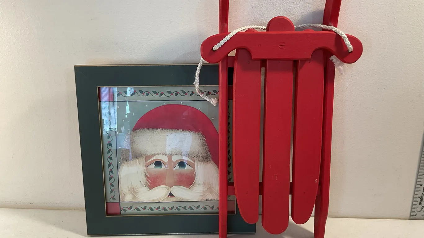 Christmas Santa Wall Art & Red Wooden Sled Décor