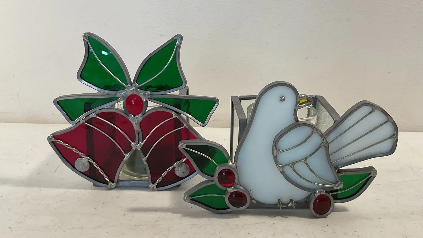 Stained Glass Christmas Dove & Bells Candle Holders